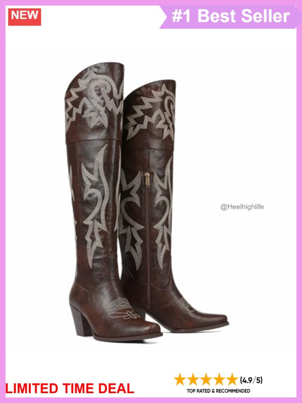 Over the Knee Cowboy Boots Pointed Toe Block Heel PU